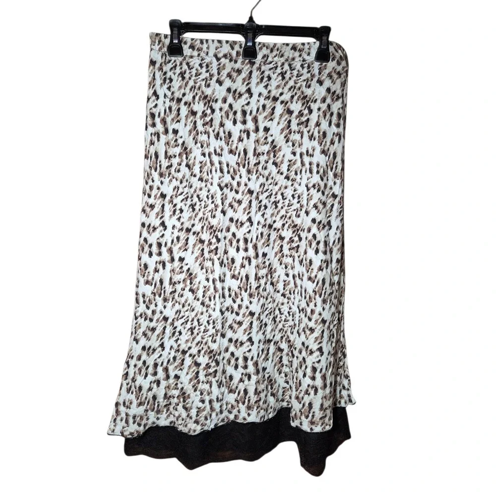 90s Y2K Brown Leopard Midi Skirt W‎ Black Lace Hem Pull On Silky M-XL
